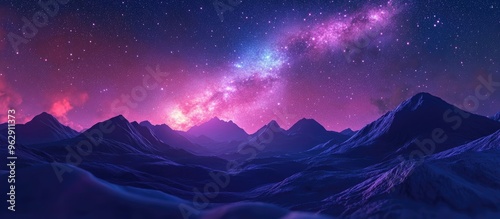 3D cartoon rendering of a colorful night landscape featuring the Milky Way and pink light illuminating mountains with a starry sky and hills in summer showcasing the beauty of the universe and spa