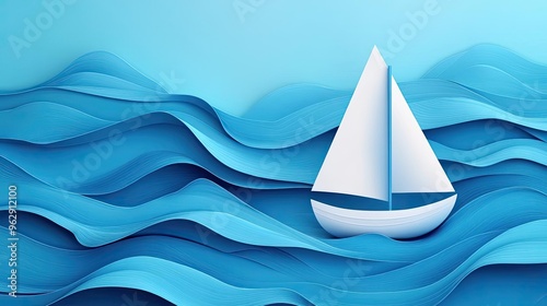 A simple sailboat with a white sail and blue waves underneath, perfect for travel or summer designs