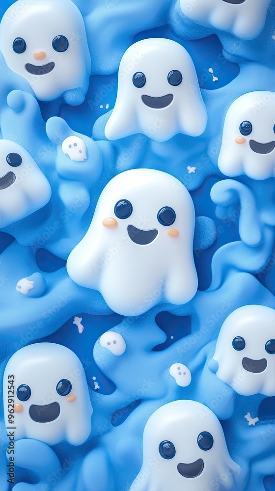 Fototapeta premium Vibrant blue background with happy ghost faces