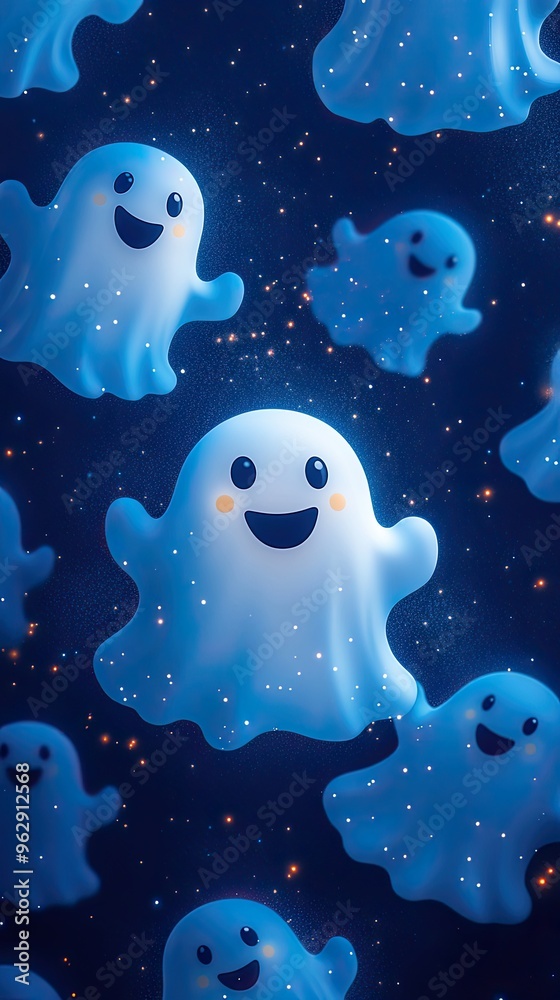 Vibrant blue background with happy ghost faces Vibrant blue background with happy ghost faces