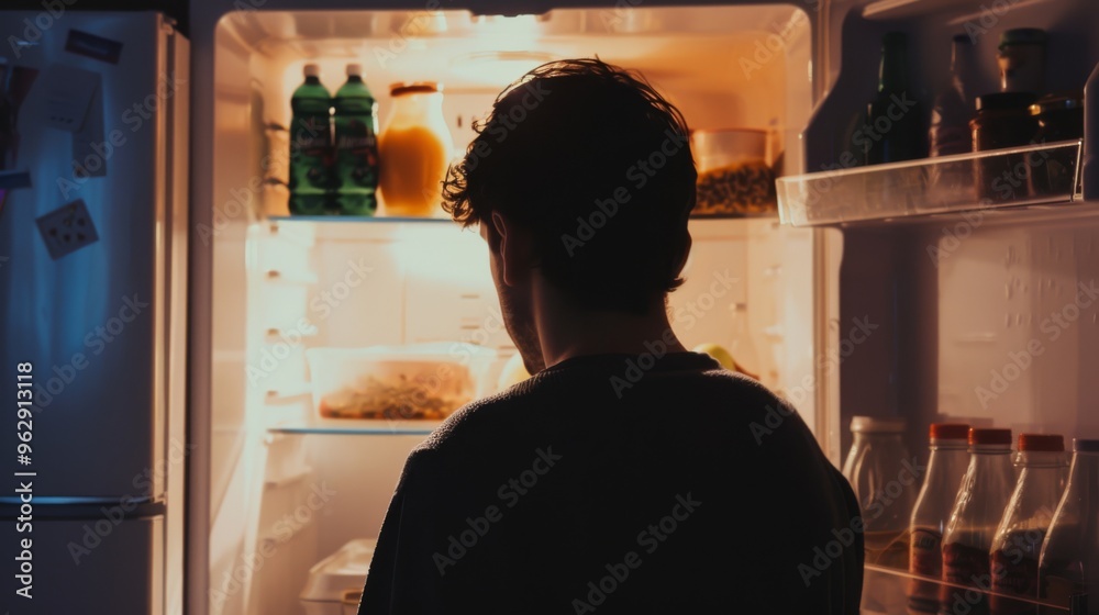 A man stands in front of an open refrigerator, thoughtfully browsing its contents illuminated by a soft, warm glow in the quiet of night. A man stands in front of an open refrigerator, thoughtfully browsing its contents illuminated by a soft, warm glow in the quiet of night.