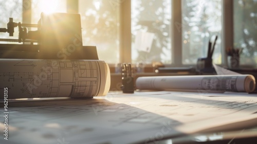 Sunlight filters through a window onto a drafting table covered with blueprints and drafting tools, suggesting a serene and productive workspace for design and planning. photo