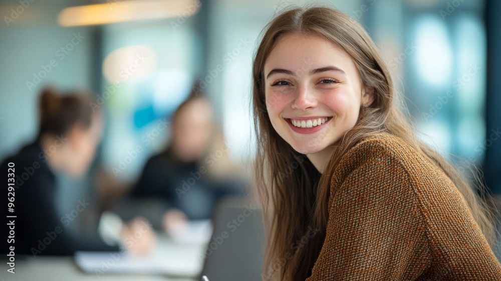 Fototapeta premium A young woman smiles warmly in a modern office space. Her positive energy shines through as she engages with her friends. This joyous image captures collaboration and friendship. AI