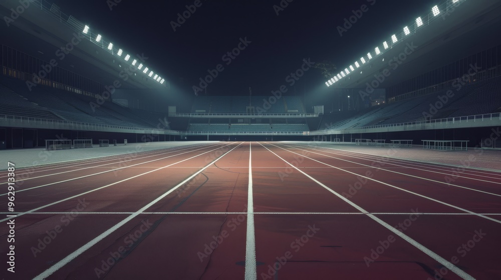 A dimly lit outdoor track stadium at night, illuminated by powerful floodlights, with clean lanes stretching out in symmetry. A dimly lit outdoor track stadium at night, illuminated by powerful floodlights, with clean lanes stretching out in symmetry.