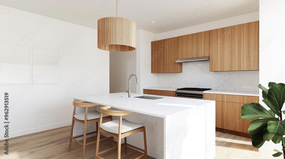 Fototapeta premium Elegant Wooden Chandelier in a Modern Kitchen, white marble island, warm wood cabinets, clean aesthetic, cozy family space