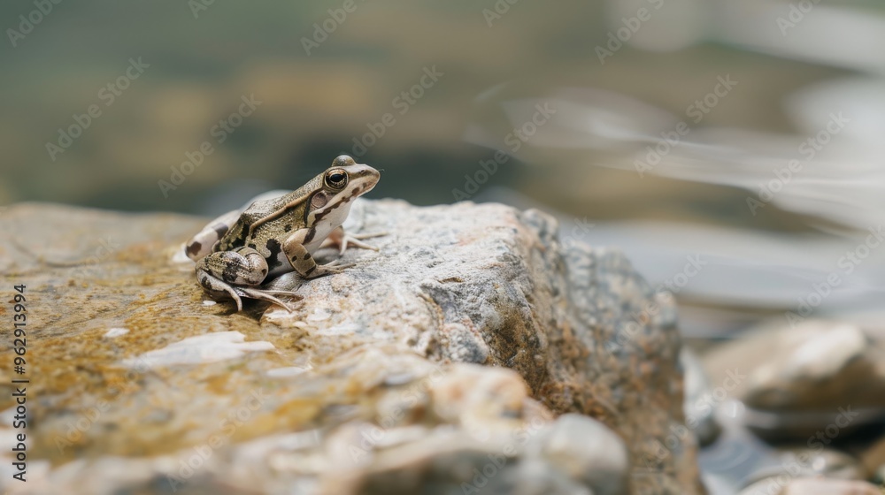 A close-up of a small frog perched on a rock surrounded by glistening water, capturing the intimate beauty of its natural habitat by the stream. A close-up of a small frog perched on a rock surrounded by glistening water, capturing the intimate beauty of its natural habitat by the stream.