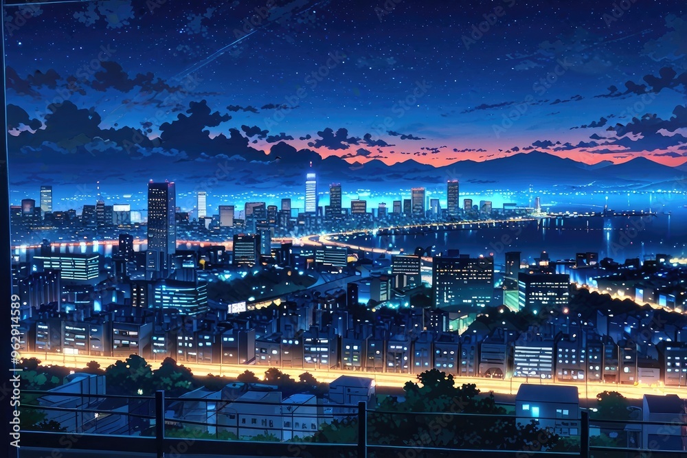 Fototapeta premium Urban Nightfall with Glowing Lights..