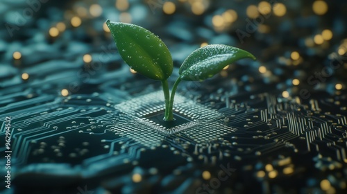 Sustainable Technology Concept with a Young Plant Growing from a Circuit Board, Symbolizing Eco-Friendly Innovation and Green Tech Solutions