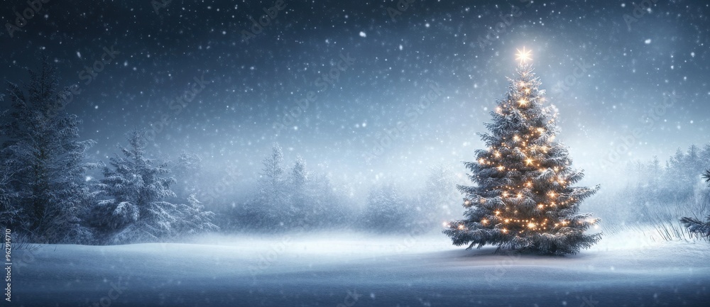 Christmas tree in snowy winter landscape with starry sky, holiday background with text space Christmas tree in snowy winter landscape with starry sky, holiday background with text space