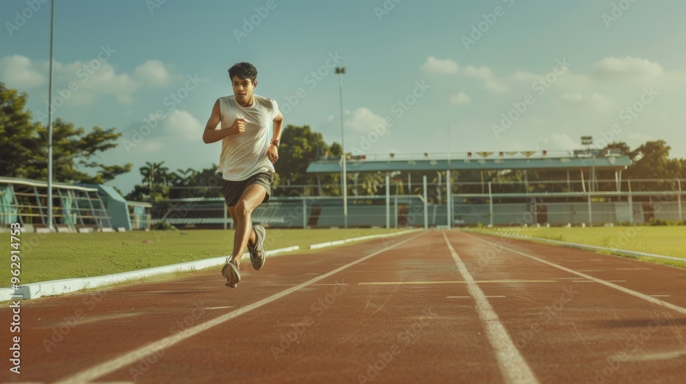 Fototapeta premium A determined runner sprints on an empty track under the sun, exuding a powerful sense of speed, focus, and athletic ambition.