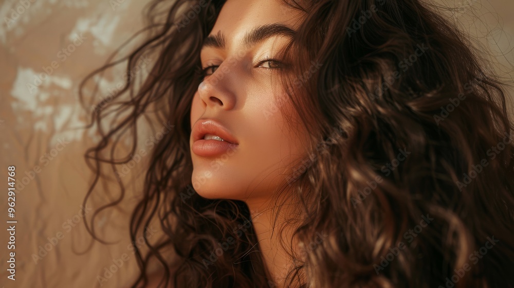 Portrait of a person with voluminous curly hair, their face illuminated by warm sunlight, enhancing the rich textures and natural beauty in an expressive moment. Portrait of a person with voluminous curly hair, their face illuminated by warm sunlight, enhancing the rich textures and natural beauty in an expressive moment.