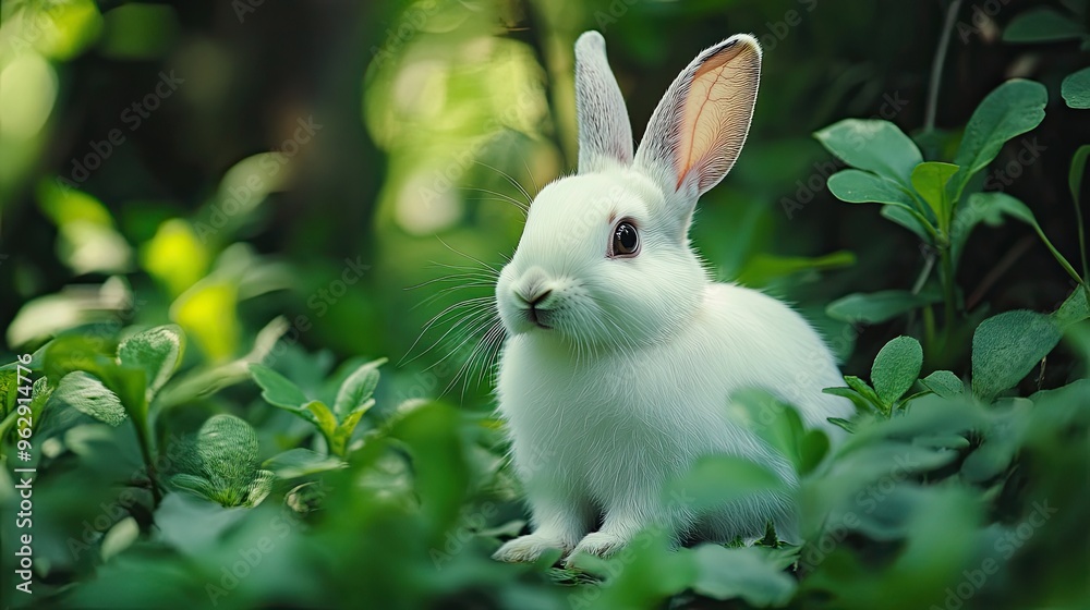 White rabbit on green grass