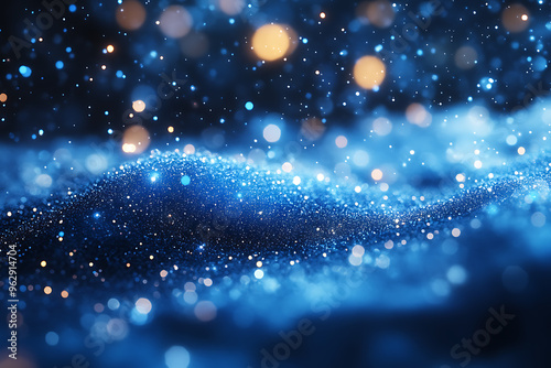 Abstract background with a soft neon blue glow, floating particles, deep smoke, and bokeh effect, creating a serene and dreamy atmosphere 