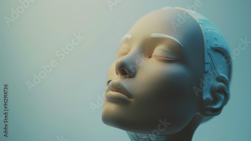 A serene, robotic head sculpture with closed eyes, exuding tranquility and a sense of futuristic technological elegance against a soft blue background.