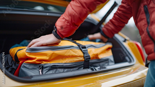 Medium close-up of a personâs hands carefully loading luggage into the trunk of a car, organizing the items. photo