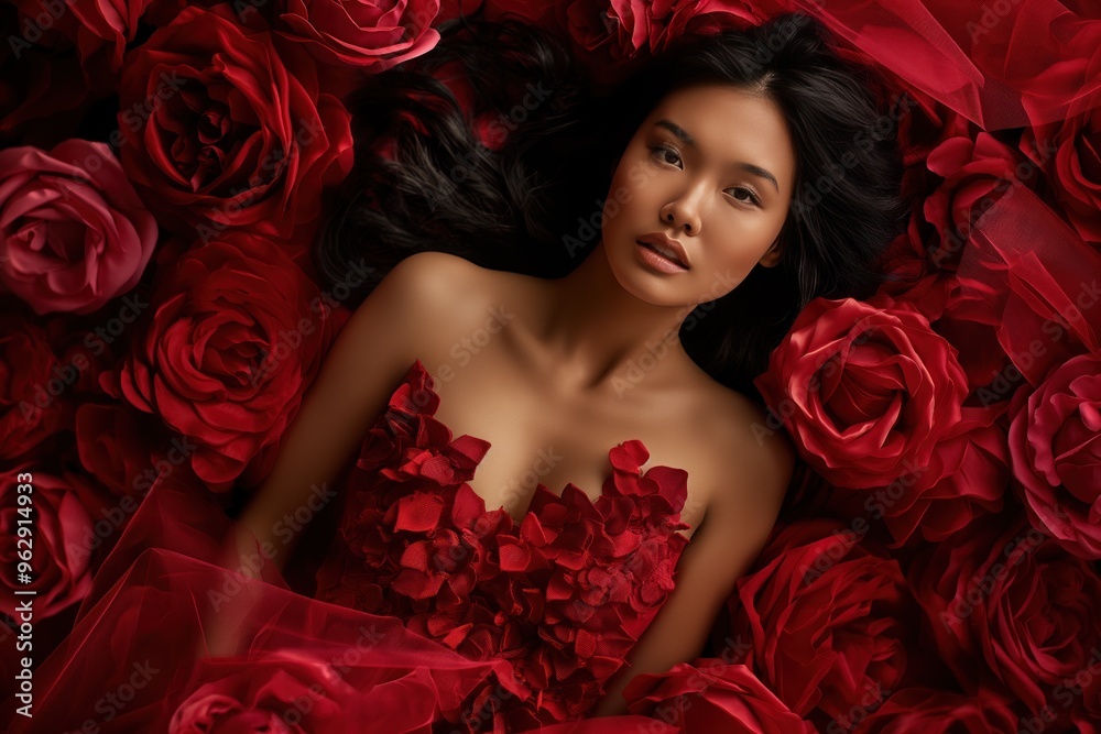 Asian woman lies on bed of red roses. She gazes directly at camera with serious expression. High-end fashion photo concept featuring stunning perfume model in elegant pose.