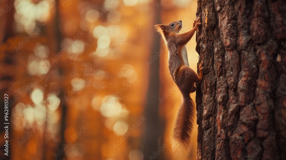 Fototapeta premium Against a backdrop of rich, autumn foliage, a squirrel energetically climbs a tree, embodying the spirit and vibrancy of the forest in fall.