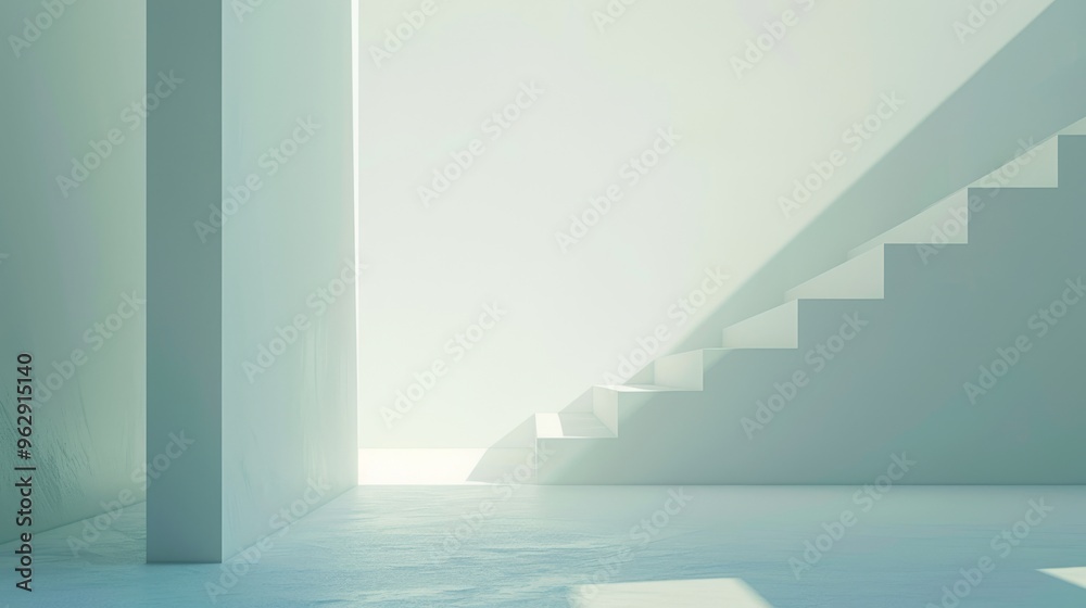 Fototapeta premium A pristine, minimalist white stairway illuminated by soft, natural light creates an airy, serene atmosphere.
