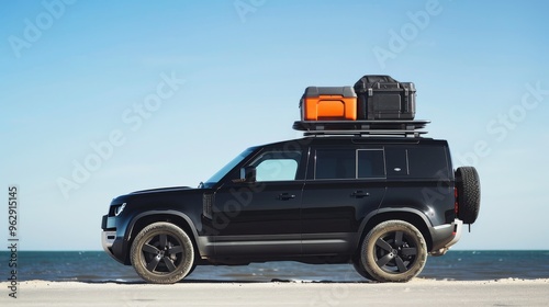 A rugged, black SUV with luggage on its roof sits parked on a coastline, ready for an adventurous road trip with the sea as a backdrop. photo