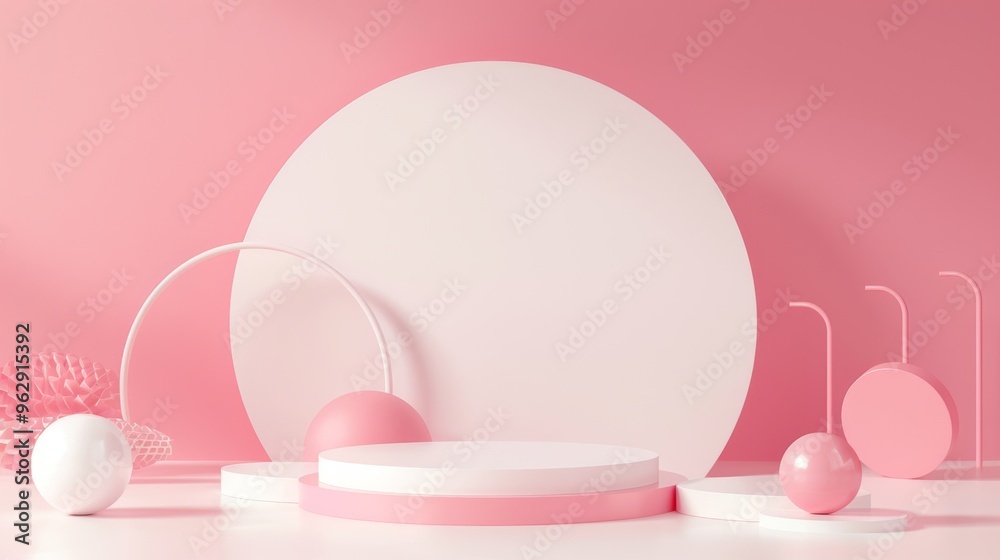 Fototapeta premium A pink and white minimalist setup with geometric shapes, creating an abstract, modern artistic composition.