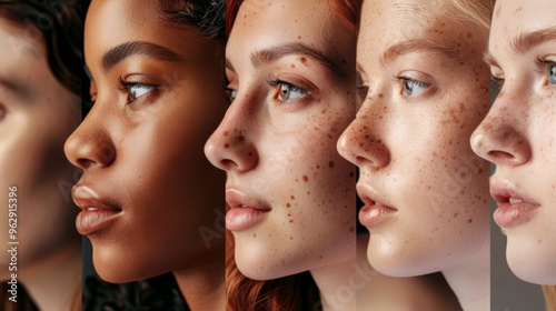 A lineup of diverse women showing the beauty of natural skin and varied features, celebrating inclusivity and uniqueness.