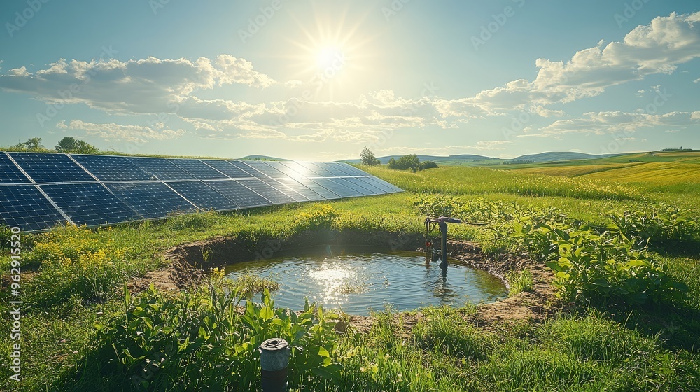 Beneath a clear sky at sunset, solar panels in a green field supply renewable energy to a water irrigation system.
