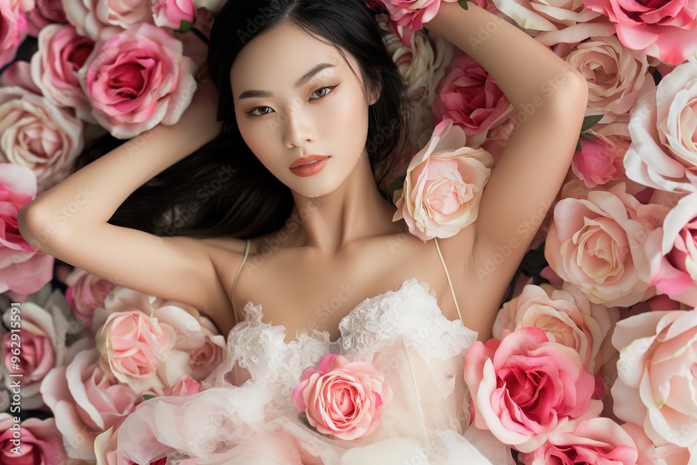 Asian woman lies on bed of pink white roses. Wears lace bodice dress skirt. Roses cover body creating intimate seclusion. Hands rest on head gaze directed towards camera. High-end fashion perfume. Asian woman lies on bed of pink white roses. Wears lace bodice dress skirt. Roses cover body creating intimate seclusion. Hands rest on head gaze directed towards camera. High-end fashion perfume.