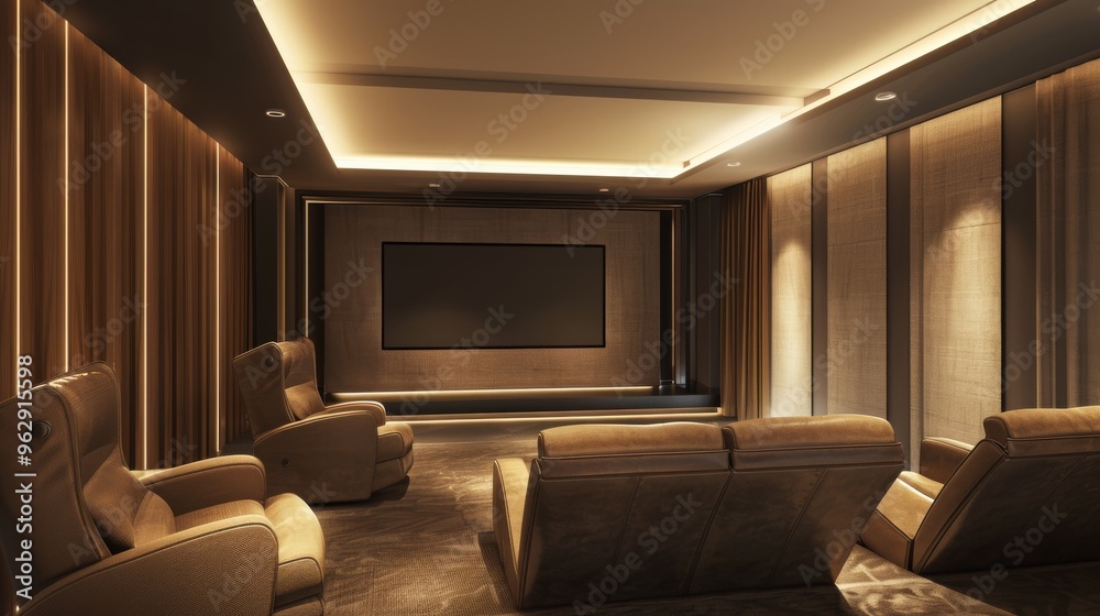 A private home theater with plush seating, soft ambient lighting, and a large screen, perfect for an immersive movie experience. A private home theater with plush seating, soft ambient lighting, and a large screen, perfect for an immersive movie experience.