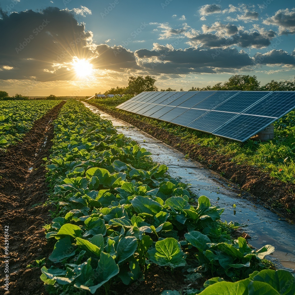 Solar panels in a green field provide renewable energy for a water irrigation system under a clear sky at sunset.