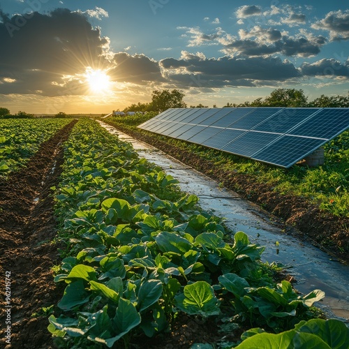 Obraz na płótnie Solar panels in a green field provide renewable energy for a water irrigation system under a clear sky at sunset. w salonie