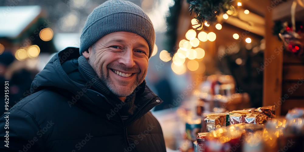 Mann steht an einem Weihnachtsstand auf einem Weihnachtsmarkt Mann steht an einem Weihnachtsstand auf einem Weihnachtsmarkt
