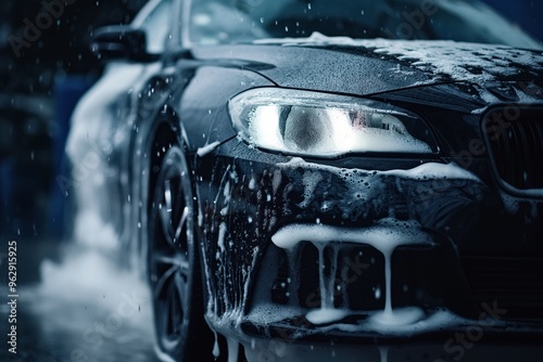 Black car covered in soap suds on wet street. Close-up of vehicle body cleaning with foam soap. Dark background with blurred people and vehicles. Low-angle shot emphasizing car size and soapy mess. photo