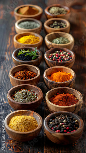 Various Spices in Wooden Bowls on Rustic Surface