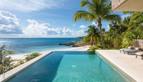 A serene beachfront view featuring a luxurious infinity pool and palm trees under a bright sky.