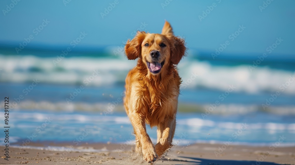 A cheerful golden retriever running freely on the beach, with waves crashing in the background and a clear blue sky overhead. A cheerful golden retriever running freely on the beach, with waves crashing in the background and a clear blue sky overhead.