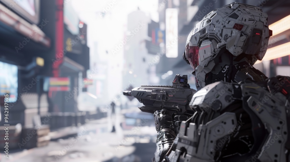 Close-up of a futuristic armored figure holding a high-tech weapon, poised for action on a bustling city street with a cyberpunk aesthetic. Close-up of a futuristic armored figure holding a high-tech weapon, poised for action on a bustling city street with a cyberpunk aesthetic.