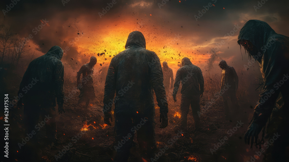 A group of people undergoing transformation into infected beings, showcasing varied stages of mutation and distress in a chaotic environment. A group of people undergoing transformation into infected beings, showcasing varied stages of mutation and distress in a chaotic environment.