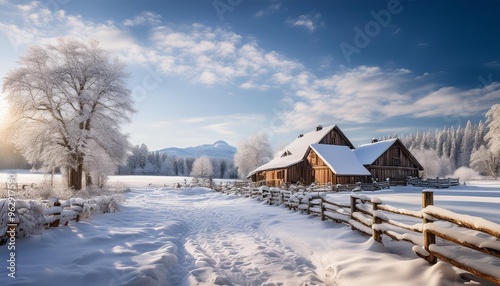 Snow-covered farmstead