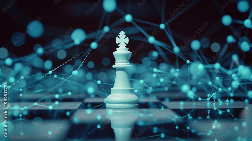 A solitary chess piece stands highlighted amidst a network of blue, interconnected nodes, symbolizing strategy and connectivity in a digital era. A solitary chess piece stands highlighted amidst a network of blue, interconnected nodes, symbolizing strategy and connectivity in a digital era.