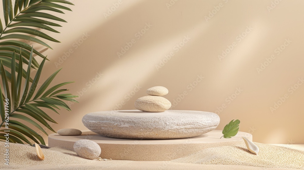 Product display podium made of stone with sand and leaves on beige backdrop, space for text Product display podium made of stone with sand and leaves on beige backdrop, space for text