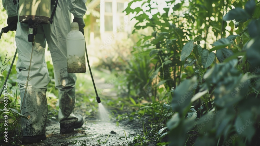 A gardener in protective gear sprays plants in a lush, green garden, emphasizing the care and dedication to maintaining healthy plant life. A gardener in protective gear sprays plants in a lush, green garden, emphasizing the care and dedication to maintaining healthy plant life.