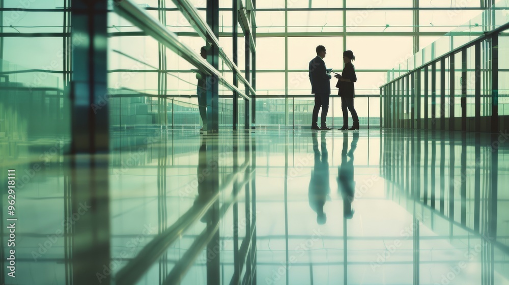 Silhouetted figures converse near expansive glass windows, casting reflections on a glossy floor in a modern, sunlit building. Silhouetted figures converse near expansive glass windows, casting reflections on a glossy floor in a modern, sunlit building.