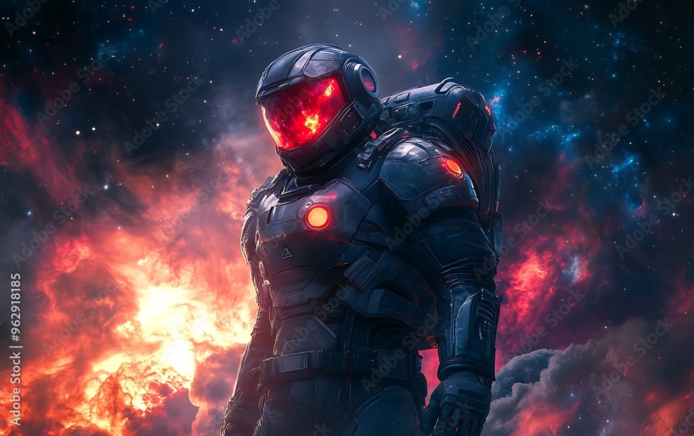 Galactic Defender - Futuristic Space Marine in Exosuit with Glowing Red Visors Against Deep Space Nebula Background Galactic Defender - Futuristic Space Marine in Exosuit with Glowing Red Visors Against Deep Space Nebula Background