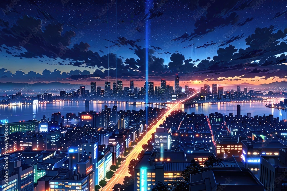 Fototapeta premium Dusk Over City with Reflective Waters..