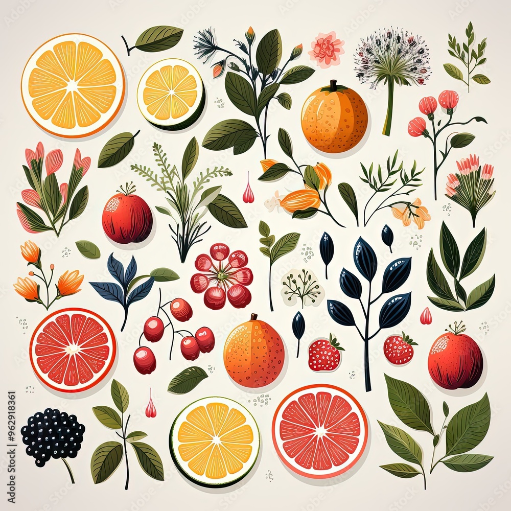 Fresh and Decorative 2D Vector Objects of Fruits and Flowers Collection Fresh and Decorative 2D Vector Objects of Fruits and Flowers Collection
