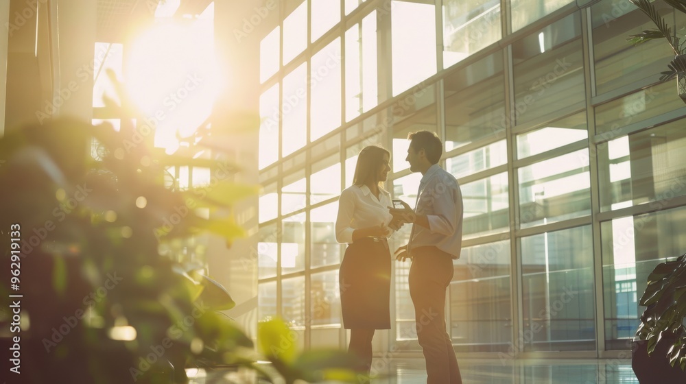 A couple shares an intimate conversation in a sunlit office space with large windows and leafy plants, creating a relaxed, professional atmosphere. A couple shares an intimate conversation in a sunlit office space with large windows and leafy plants, creating a relaxed, professional atmosphere.