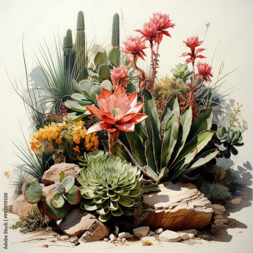 Obraz premium Elegant Depiction of Tropical and Mediterranean Plants in a Botanical Illustration