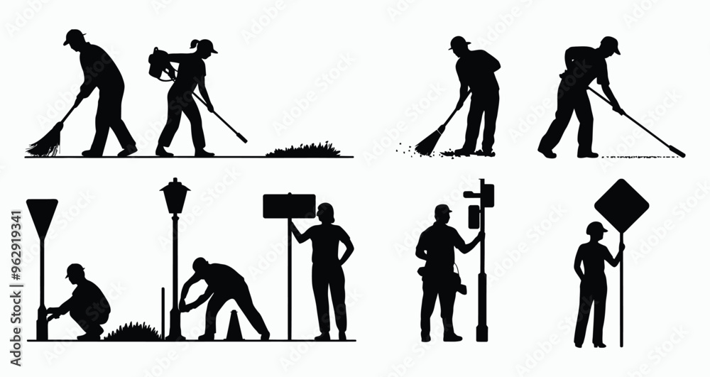 Fototapeta premium Vector silhouette set of workers or laborers illustration template