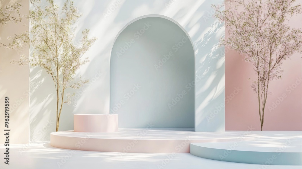 Geometric podium for minimal product display in soft pastel colors ideal for mockups and business presentations 3D rendering illustration Geometric podium for minimal product display in soft pastel colors ideal for mockups and business presentations 3D rendering illustration