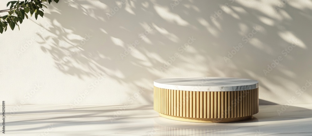 Minimalist luxury cylindrical podium featuring wooden slats and a white marble top against a white wall complemented by a tree shadow background for product display 3D render illustration Minimalist luxury cylindrical podium featuring wooden slats and a white marble top against a white wall complemented by a tree shadow background for product display 3D render illustration